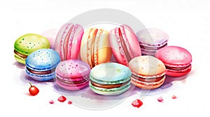Watercolor Illustration of traditional Home-made Christmas sweets, macaron dessert on white background. Festive decorating the