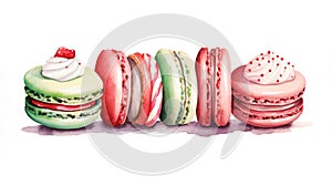 Watercolor Illustration of traditional Home-made Christmas sweets, macaron dessert on white background. Festive decorating the