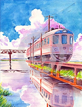 Watercolor illustration of a train traveling on a bulk railway across a lake