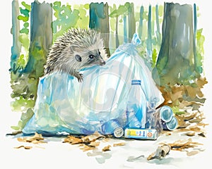 Watercolor illustration. Trash bag of waste in forest. Animals, plastic and ecology. Pollution of planet. Isolated image