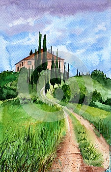 Watercolor illustration of a Tuscan landscape with green hills
