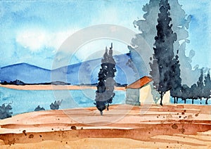 Watercolor illustration of a Tuscan landscape with a lake