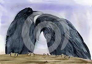 Watercolor illustration of two black ravens or crows