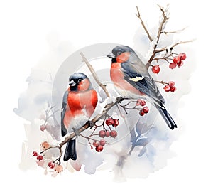 Watercolor illustration of two bullfinches on rowan branch isolated on white background