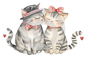 Watercolor illustration of two cats dressed in hats and bows, sharing a tender moment, suitable for Valentine's Day