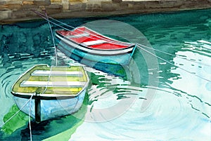 Watercolor illustration of two colorful fishing boats at the pier