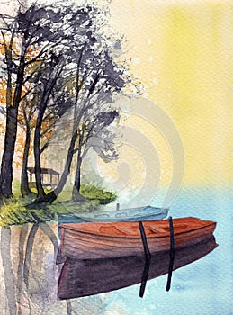 Watercolor illustration of two colorful wooden fisher boats