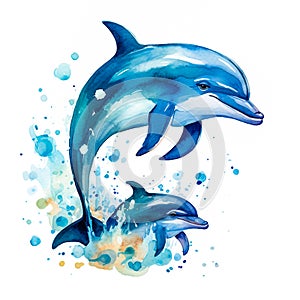 watercolor illustration of two cute dolphins generative AI