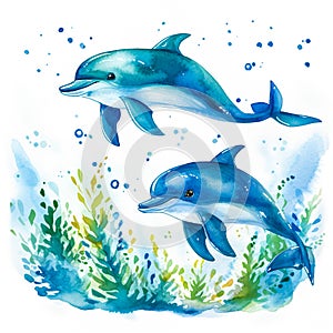 watercolor illustration of two cute dolphins on white background generative AI