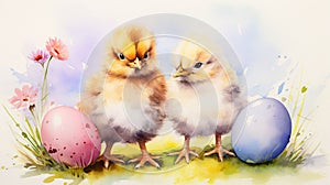 Watercolor illustration with two cute yellow chickens in basket with easter eggs and flower branches