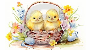 Watercolor illustration with two cute yellow chickens in basket with easter eggs and flower branches