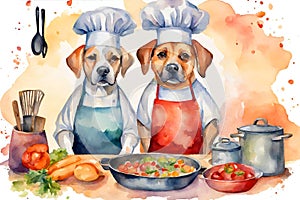 Watercolor illustration of two dog chefs cooking in a kitchen.