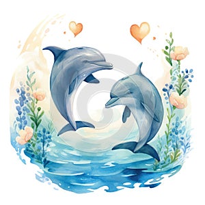 Watercolor Illustration of two dolphins jumping on the waves on a white background.