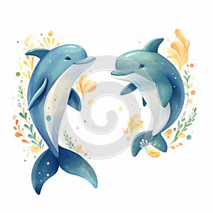 Watercolor Illustration of two dolphins jumping on the waves on a white background.