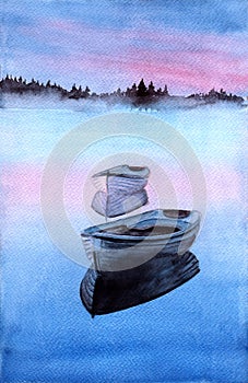 Watercolor illustration of two fishing boats on a lake
