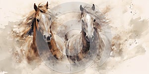 Watercolor illustration of two horses on white background with black streak on a beige-colored background