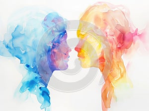 Watercolor illustration of two human heads facing each other