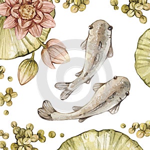 Watercolor illustration with with two little silver fish next to water lilies, isolated on white. Swamp collection.