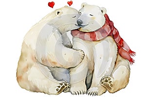 Watercolor illustration of two polar bears in an embrace, with hearts floating above, suitable for seasonal