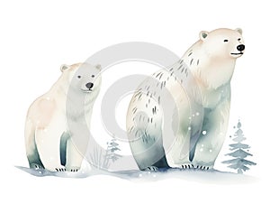 Watercolor illustration of two polar bears in snowy scene isolated on white background