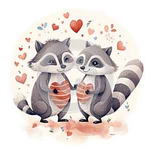 Watercolor Illustration of two raccoons in love looking at each other on a white background