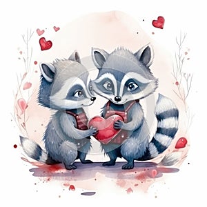 Watercolor Illustration of two raccoons in love looking at each other on a white background