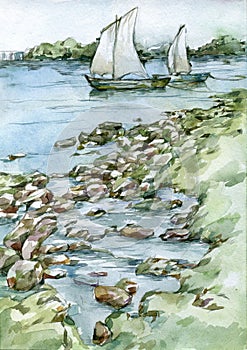 Sailing boats on the river watercolor illustration