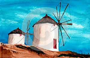 Watercolor illustration of two white windmills