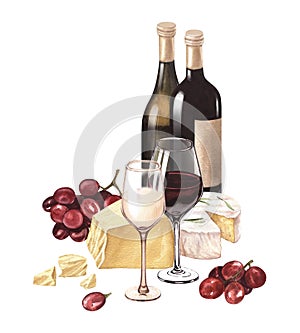 Watercolor illustration of the two wineglass of red wine bottle, grape and parmesan cheese. Picture drink isolated on