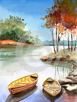 Watercolor illustration of two wooden fisher boats