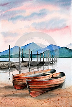 Watercolor illustration of two wooden fishing boats near a pier