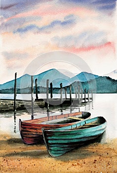 Watercolor illustration of two wooden fishing boats near a pier