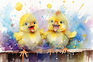 Watercolor illustration of two yellow happy cartoon chicks on the background of pastel paint splashes and stains. Funny