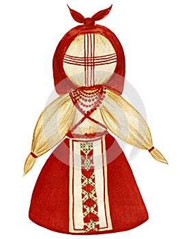 Watercolor illustration, Ukrainian rag doll, motanka with embroidery and decor, isolated on white background.