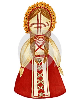 Watercolor illustration, Ukrainian rag doll, motanka with embroidery and flower wreath, isolated on white background.