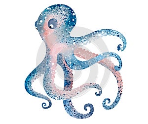 Watercolor illustration underwater marine animals octopus. Marine inhabitants of the underwater world.