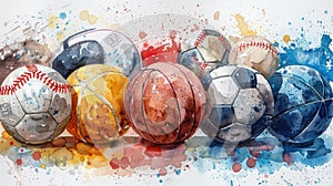 Watercolor illustration of various sport equipments. banner for summer sport.