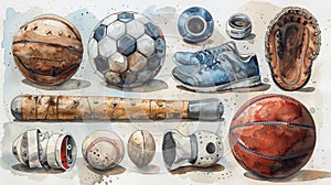 Watercolor illustration of various sport equipments. banner for summer sport.