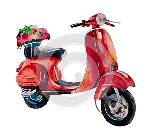 Watercolor illustration vector. Vintage scooter