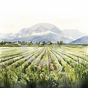 Watercolor Illustration Of Vegetable Field Near Mountains