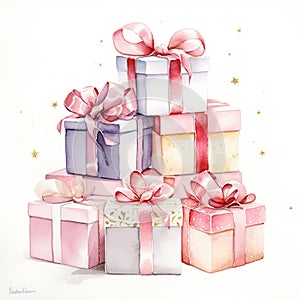 Watercolor illustration of vibrant present boxes. Generative AI
