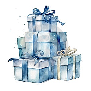 Watercolor illustration of vibrant present boxes. Generative AI