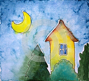 Watercolor illustration with village house, fir trees and moon