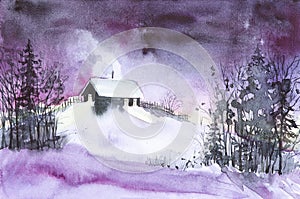 Watercolor illustration of a village house in a Russian winter forest at night
