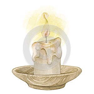 Watercolor illustration of a vintage burning wax candle on a stand. Isolated on white background.