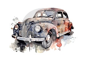 Watercolor illustration of vintage car with vibrant paint splatters on white background