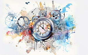 Watercolor illustration of a vintage clock face and gears with colorful splashes of watercolor paint