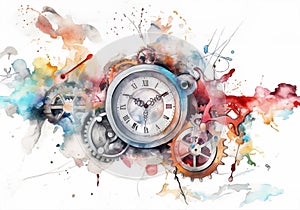 Watercolor illustration of a vintage clock face and gears with colorful splashes of watercolor paint