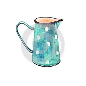 Watercolor illustration .vintage enameled tableware for milk or other liquids. enameled blue pitcher with white polka