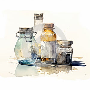 Watercolor Illustration Of Vintage Glass Jars On Old Table photo
